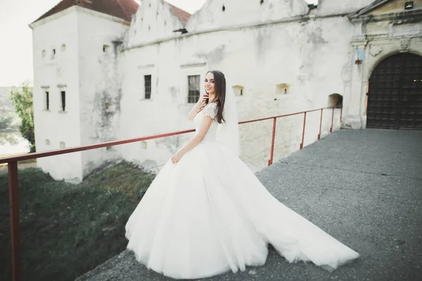 Splendido romantico gentile elegante bella sposa caucasica sullo sfondo antico castello barocco — Foto Stock