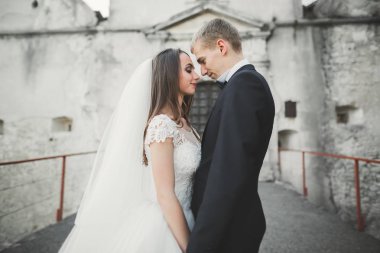 İnanılmaz mutlu nazik stil güzel romantik beyaz çift arka planda antik barok kalesinde