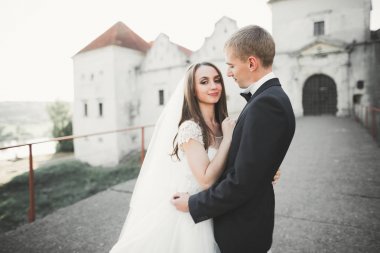 Şehvetli evli çift, eski Slav kalesinin önünde sevgililer günü kucaklaşması.