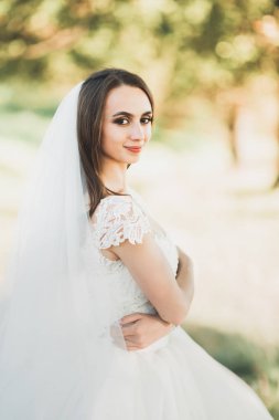 Gelinlik içinde dışarıda poz veren güzel gelin.