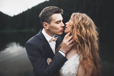 Güzel bir düğün çifti mükemmel bir manzarayla dağda öpüşüyor ve sarılıyor.