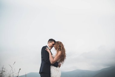 Güzel bir düğün çifti mükemmel bir manzarayla dağda öpüşüyor ve sarılıyor.