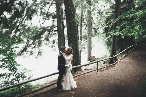 Coppia appena sposata che corre e salta nel parco mentre si tiene per mano — Foto Stock