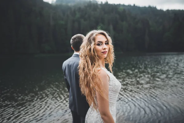 Casal perfeito noiva, noivo posando e beijando em seu dia do casamento — Fotografia de Stock