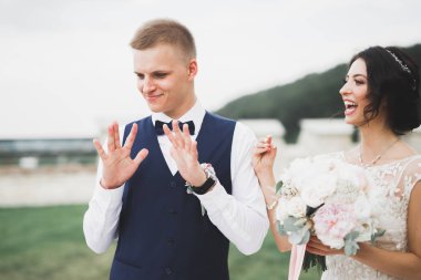 Gelin ve damat alyanslarını değiş tokuş ediyorlar. Şık bir çift töreni.