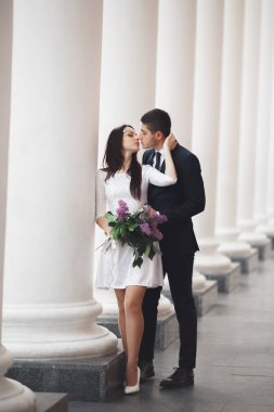 Güzel çift, gelin ve damat büyük beyaz sütun poz