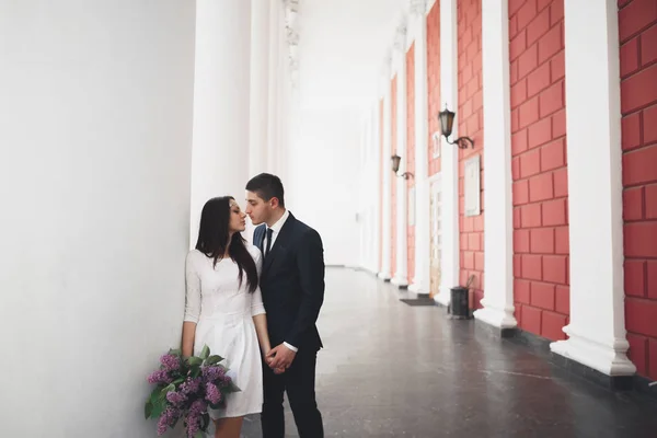 Vackert par, bruden och brudgummen poserar nära stora vita kolumnen — Stockfoto