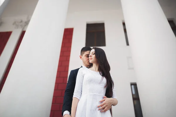 Schönes Paar, Braut und Bräutigam posiert neben großer weißer Säule — Stockfoto