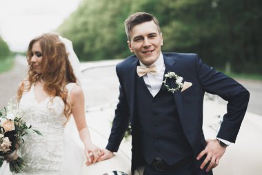 Sadece evli çift lüks retro arabada düğün gününde