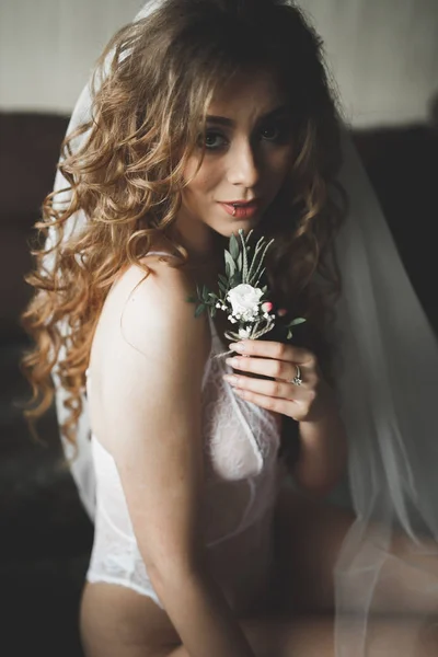 Ritratto di bella sposa con velo di moda al mattino di nozze. Abito da sposa . — Foto Stock