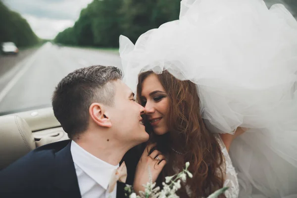 Elegante pareja de boda, novia, novio besándose y abrazándose en coche retro — Foto de Stock