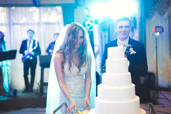 Brudgummen på bröllopet skär bröllopstårtan — Stockfoto