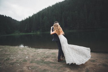 Güzel dağlarda poz veren mutlu bir düğün çifti.