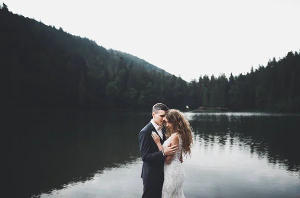 Pareja perfecta novia, novio posando y besándose en el día de su boda —  Fotos de Stock