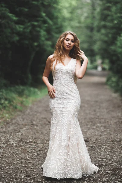 Beautiful luxury bride in elegant white dress — Stock Photo, Image