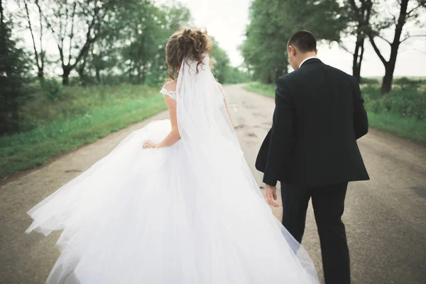 Pareja recién casada corriendo y saltando en el parque mientras se toma de la mano —  Fotos de Stock