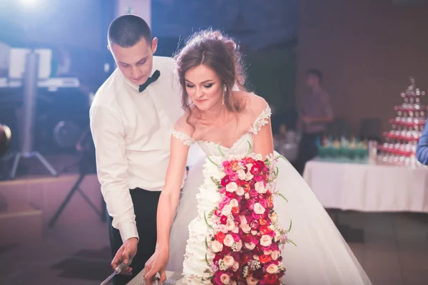 Novia y novio en la boda de corte de la torta de boda — Foto de Stock