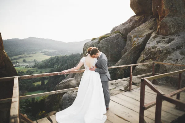 Kissing wedding couple staying over beautiful landscape — Stock Photo, Image