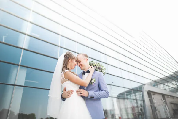 Pareja perfecta novia, novio posando y besándose en el día de su boda — Foto de Stock