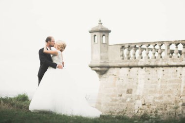 Güzel, romantik bir düğün. Yeni evliler. Eski kalenin yakınlarında sarılıyorlar.