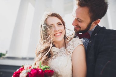 Güzel çift, gelin ve damat büyük beyaz sütun poz