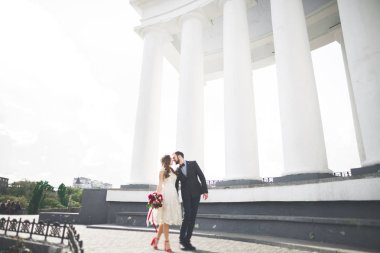 Lüks evli çift, gelin ve damat eski şehirde poz veriyor.