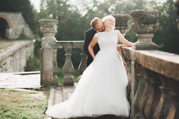 Sensual married couple, valentines hugging in front of old slavic castle — Stock Photo, Image