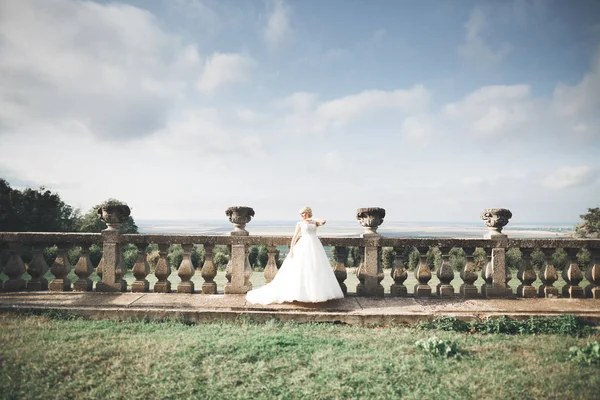 Hermosa novia joven de lujo en vestido de novia posando en el parque —  Fotos de Stock