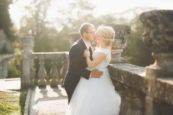 Vacker saga nygifta par kramas nära gamla medeltida slott — Stockfoto