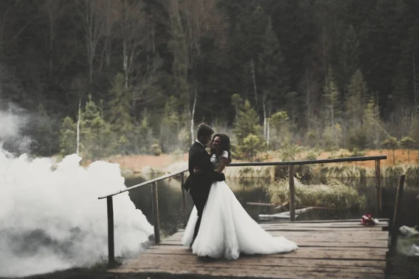 Romantique, conte de fées, couple de jeunes mariés heureux embrassant et embrassant dans un parc, arbres en arrière-plan — Photo