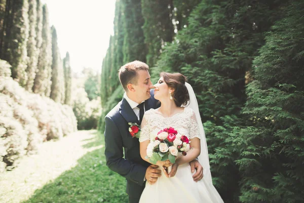 Yeni evli çift el ele tutuşurken parkta koşup zıplıyorlar.