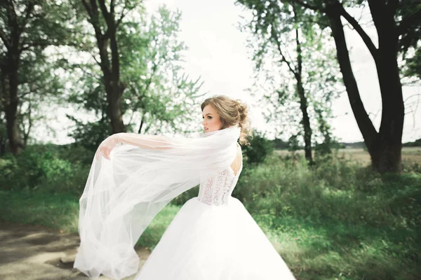 Vacker brud poserar i bröllopsklänning utomhus — Stockfoto