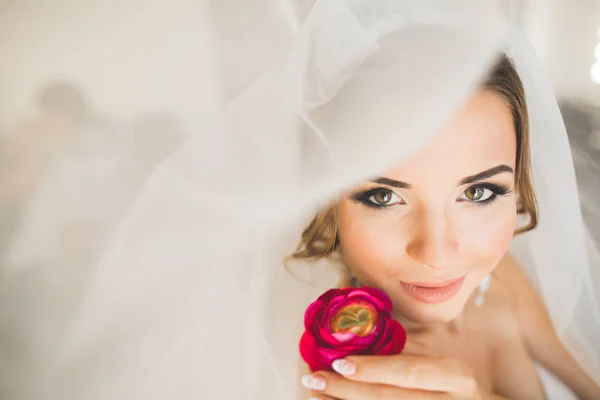 Magnifique mariée en robe posant et se préparant pour la cérémonie de mariage visage dans une chambre — Photo