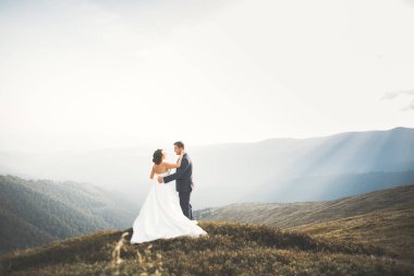 Güzel bir düğün çifti mükemmel bir manzarayla dağda öpüşüyor ve sarılıyor.