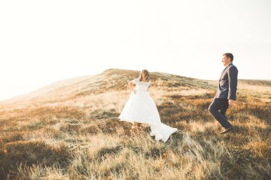 Bir dağın tepesinde günbatımında poz güzel düğün çifti