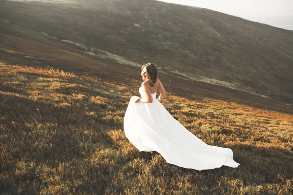 Felice bella sposa fuori su un prato estivo al tramonto con vista perfetta — Foto Stock