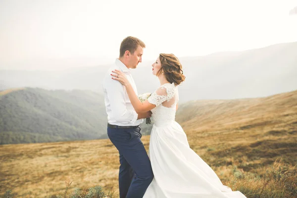 Pareja feliz boda posando sobre hermoso paisaje en las montañas —  Fotos de Stock