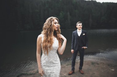 Güzel dağlarda poz veren mutlu bir düğün çifti.