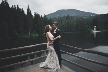 Güzel bir düğün çifti mükemmel bir manzarayla dağda öpüşüyor ve sarılıyor.