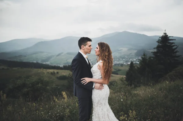 Jeune couple nouvellement marié, embrasser mariée et marié, embrasser sur une vue parfaite sur les montagnes, ciel bleu — Photo
