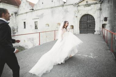 Güzel, romantik bir düğün. Yeni evliler. Eski kalenin yakınlarında sarılıyorlar.