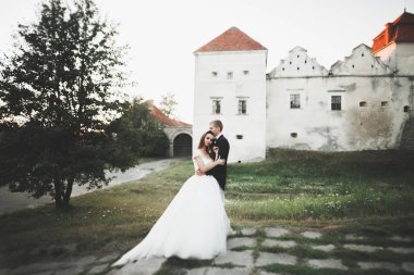 Güzel, romantik bir düğün. Yeni evliler. Eski kalenin yakınlarında sarılıyorlar.