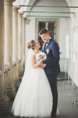 Lüks evli çift, gelin ve damat eski şehirde poz veriyor.