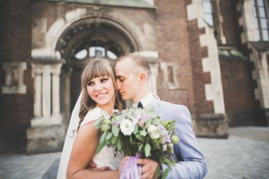 Mükemmel bir çift gelin ve damat düğün günlerinde poz verip öpüşürler.