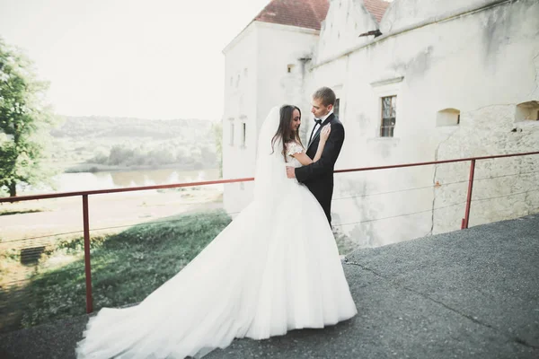Sensuellt gift par, valentiner kramas framför gamla slaviska slottet — Stockfoto