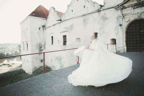 Wunderschöne romantische sanfte stilvolle kaukasische Braut auf dem Hintergrund des alten Barockschlosses — Stockfoto