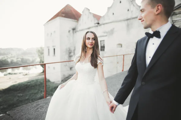 Şehvetli evli çift, eski Slav kalesinin önünde sevgililer günü kucaklaşması. — Stok fotoğraf