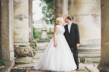 Şehvetli evli çift, eski Slav kalesinin önünde sevgililer günü kucaklaşması.