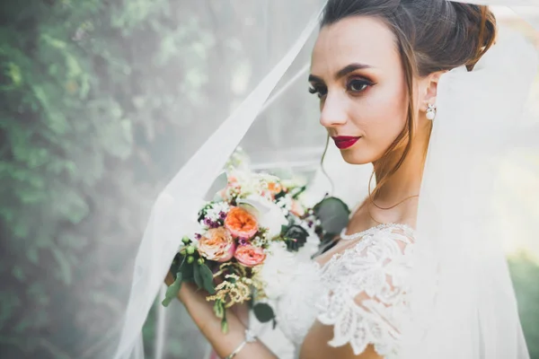 Bela noiva posando em vestido de noiva ao ar livre — Fotografia de Stock