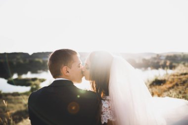 Düğün çifti düğün gün batımında poz. Gelin ve damat aşık